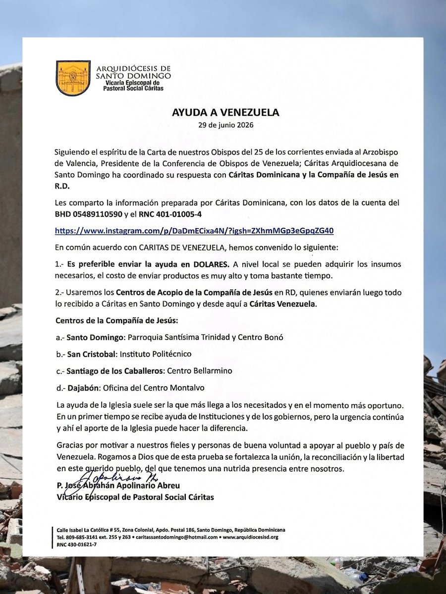Arquidiocesisd's tweet photo. 🇻🇪 Tu #solidaridad puede devolver la esperanza a una familia venezolana. La  #ARQSD junto a #CáritasDom Cáritas #Venezuela y la Compañía de Jesús, te invita a sumarte a esta campaña humanitaria. ❤️ Cada aporte cuenta.
BHD: 0548 9110 590 | Concepto: Aporte Venezuela.
#CaritasRD https://t.co/HBMVL9HpHP