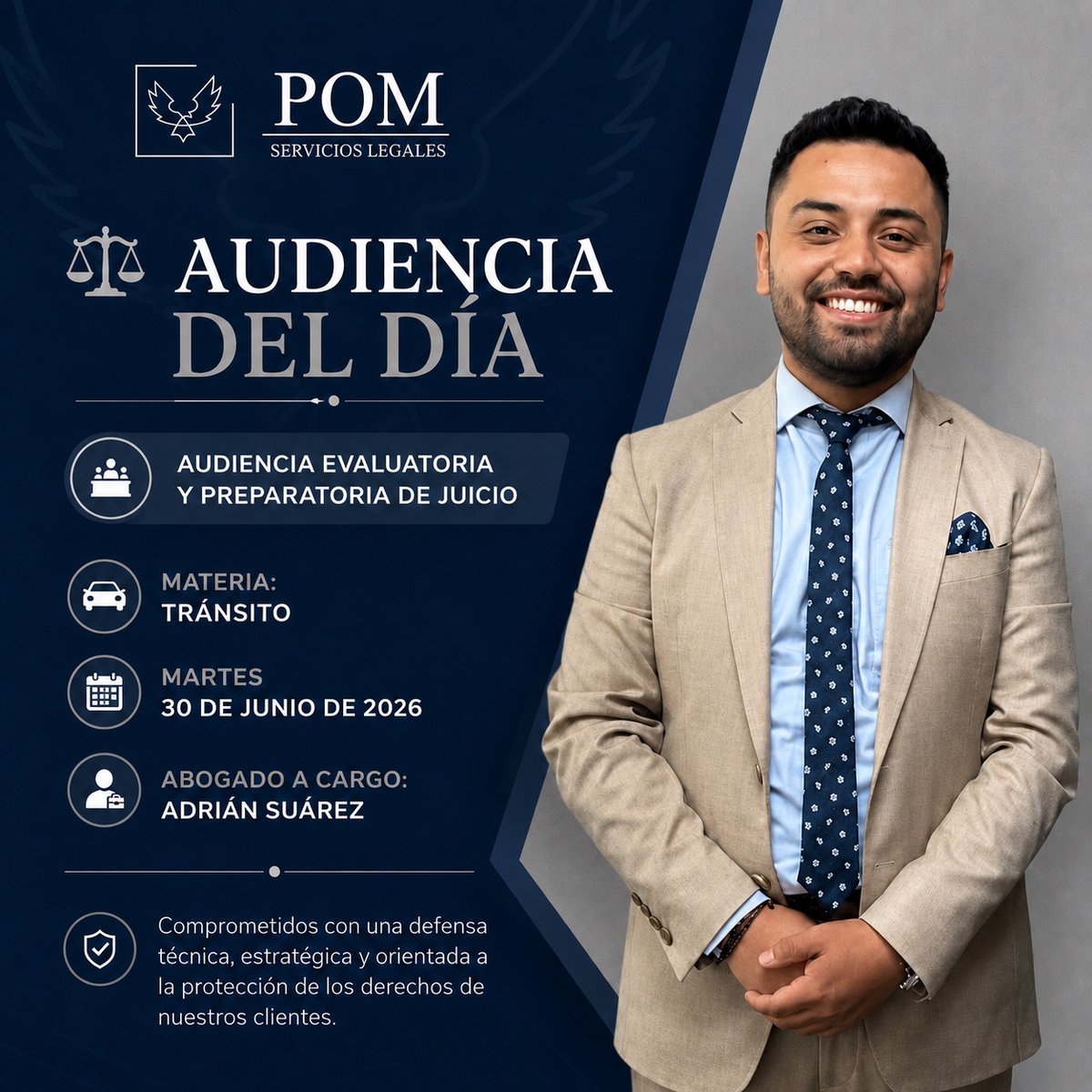 pomslilaw's tweet photo. ⚖️ Hoy se desarrollará la audiencia evaluatoria y preparatoria de juicio en materia de tránsito, con la participación del Dr. Adrián Suárez como abogado patrocinador. 
#Derecho #Tránsito #Justicia https://t.co/qaKWWcUhzR