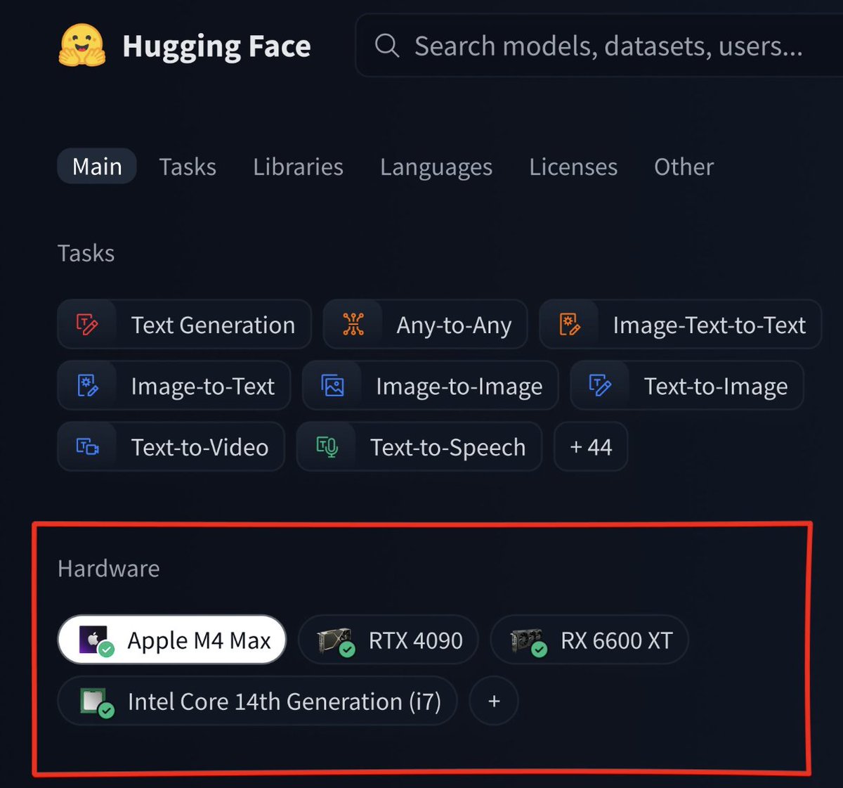 Thom_Wolf's tweet photo. lowkey one of my favorite new features on HF: filter AI models by what actually runs on your hardware https://t.co/HT9sg487zJ