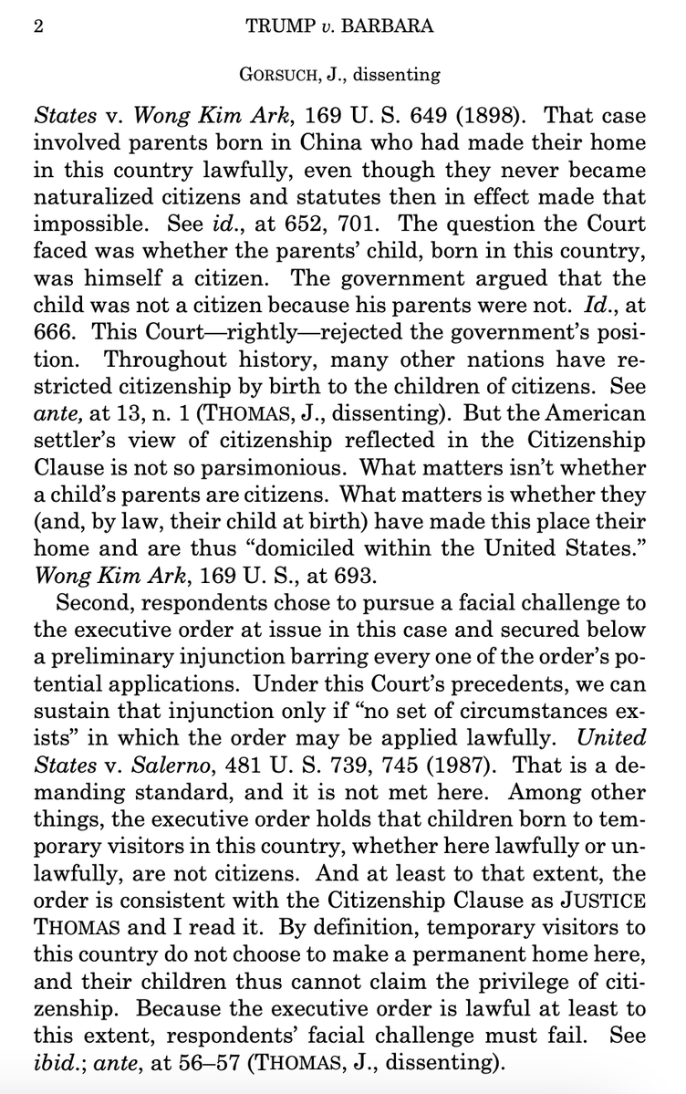 robbysoave's tweet photo. The dissent from Neil Gorsuch in the birthright citizenship case is actually very interesting. He basically says that he would deny birthright citizenship to children of temporary visitors but not to illegal immigrants who lived here permanently. So on the question of whether illegal immigrants' kids are citizens, it's actually more like a 7-2 decision.