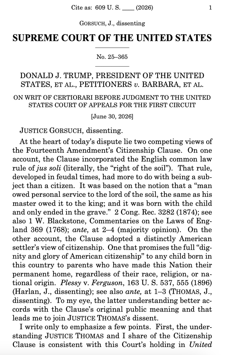 robbysoave's tweet photo. The dissent from Neil Gorsuch in the birthright citizenship case is actually very interesting. He basically says that he would deny birthright citizenship to children of temporary visitors but not to illegal immigrants who lived here permanently. So on the question of whether illegal immigrants' kids are citizens, it's actually more like a 7-2 decision.