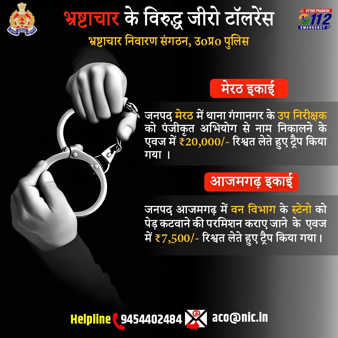 Uppolice's tweet photo. भ्रष्टाचार के विरुद्ध जीरो टॉलरेंस—      

मेरठ इकाई द्वारा जनपद मेरठ में थाना गंगानगर के उप निरीक्षक को ₹20,000/- रिश्वत एवं आजमगढ़ इकाई द्वारा जनपद आजमगढ़ में वन विभाग के स्टेनो को ₹7,500/- रिश्वत लेते हुए ट्रैप किया गया।        

कृपया भ्रष्टाचार के प्रकरणों को एसीओ की हेल्पलाइन: 📱9454402484, ✉️aco@nic.in पर रिपोर्ट करें।          

#UPPolice