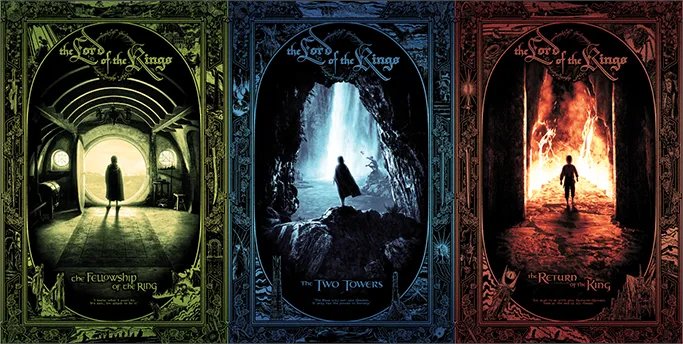 PosterPirate's tweet photo. On sale at the top of the hour, @BottleneckNYC drops @ApeMeetsGirl's Lord of the Rings set today: three giclée editions, with silver and gold foil variants, sold as a 3-print set.
https://t.co/43y5ckX8Ox
#TheLordoftheRingsTrilogy #PosterDrop https://t.co/PlHK4gNPCY