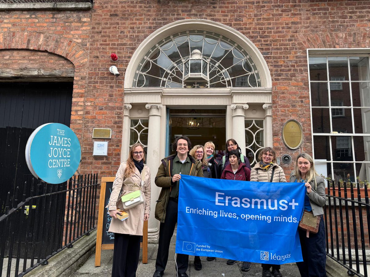 JamesJoyceCentr's tweet photo. On 5-10 May 2026, The James Joyce Centre hosted curators from The Under and Tuglas Literature Institute of the Estonian Academy of Sciences and The Petőfi Literary Museum for an invited experts programme. The programme was part of an @EUErasmusPlus short-term mobility project, “Digital Transformation in European Writers’ Museum."

The six-month project aims to improve digitisation competences, facilitate the accessibility and usability of collections, reach a wider audience through online platforms, enable an exciting museum experience for all people, expand the circle of cooperation partners and present the project results internationally. The project hopes to significantly improve the digitisation knowledge and skills of memory institutions in order to present the literary and cultural history of 20th-century Europe in a broader and more inclusive way.

You can read more about our experiences in our blog published in EPALE: https://t.co/bQ07JUivlC

Our special thanks to the curators and @Leargas for their support. The project is funded by the European Union.

#ErasmusPlus #europeanunion #leargas
