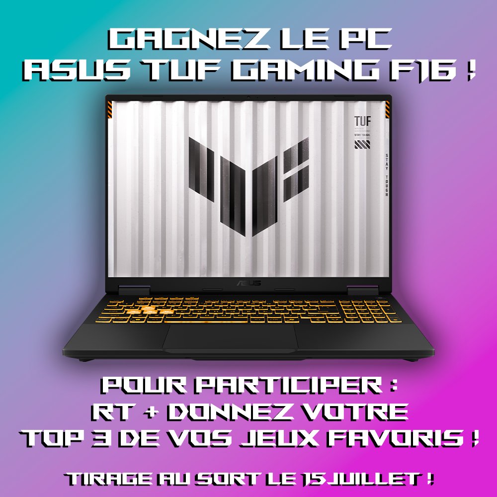 Kayane's tweet photo. 🎁 GRAND CONCOURS 🎁

Pour marquer le début de l'été, avec @ASUS_ROG_FR on vous offre la possibilité de remporter le PC portable ASUS TUF Gaming F16 !

Pour participer, il suffit de RT ce tweet et de me donner votre Top 3 de vos jeux préférés 👀

Tirage au sort le 15/7 ! https://t.co/fuE6OoNPS3