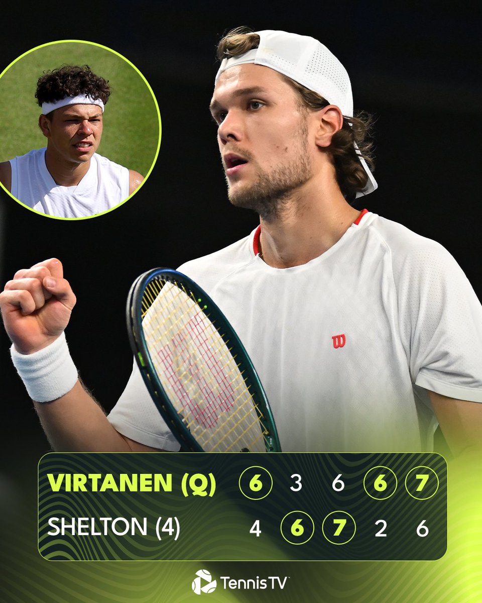 TennisTV's tweet photo. HIS BIGGEST WIN 🙌

Qualifier Otto Virtanen saves a match point to take out Shelton for his best win by ranking!

#Wimbledon https://t.co/VzhdRjIFb7