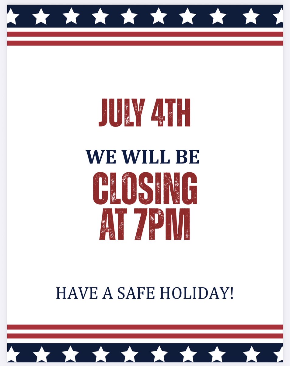 VansPigStands's tweet photo. Hey Van's Fans! 🐖 All Van's Pig Stands locations will be closing at 7 PM on Saturday, July 4th, for the holiday. We hope to see you in for lunch or dinner, and please stay safe while celebrating! 🔴⚪🔵 https://t.co/tDRy9qqmpt