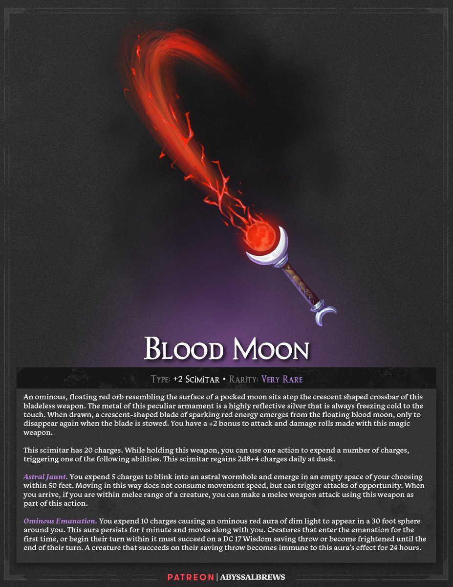 AbyssalBrews's tweet photo. Blood Moon

Take a slash at your enemies with this magicked scimitar for your #DnD and #Pathfinder2E campaigns. Find us on Patreon to get access to a ton more content in every format you could want! https://t.co/73CTDczuXC