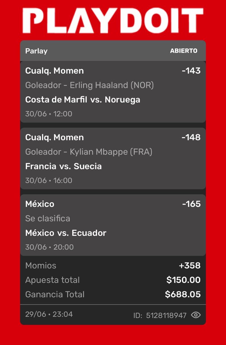 BatoBetsMX's tweet photo. BATOS así vamos hoy para los dieciseisavos de final

🇳🇴NORUEGA VS COSTA DE MARFIL🇨🇮
🇫🇷FRANCIA VS SUECIA🇸🇪
🇲🇽MÉXICO VS ECUADOR🇪🇨

VAMOS HALLAND 
VAMOS MBAPPE
#playdoit #mundialdefútbol2026 https://t.co/niXvWaaGC4