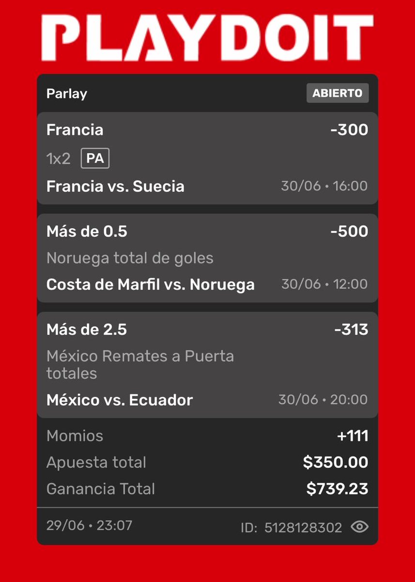 BatoBetsMX's tweet photo. BATOS así vamos hoy para los dieciseisavos de final

🇳🇴NORUEGA VS COSTA DE MARFIL🇨🇮
🇫🇷FRANCIA VS SUECIA🇸🇪
🇲🇽MÉXICO VS ECUADOR🇪🇨

VAMOS HALLAND 
VAMOS MBAPPE
#playdoit #mundialdefútbol2026 https://t.co/niXvWaaGC4