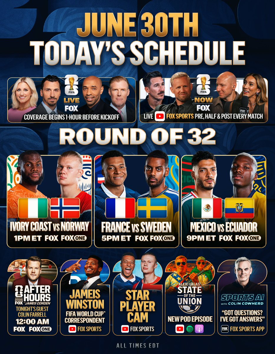 Sports's tweet photo. Your three knockout stage fixtures are loaded up! 

#IvoryCoast vs. #Norway - 1pm ET 
#France vs. #Sweden - 5pm ET
#Mexico vs. #Ecuador - 9pm ET https://t.co/aTl5hdVbNy