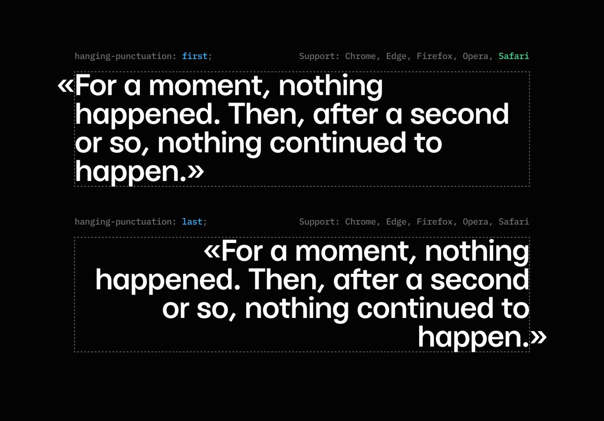 artemlygin's tweet photo. I was doing the post about how the only one who cares about typography is Apple because only Safari browsers support the hanging-punctuation CSS property. But it turned out the support is not even full! Come on, @Apple https://t.co/chKGPrn9pK