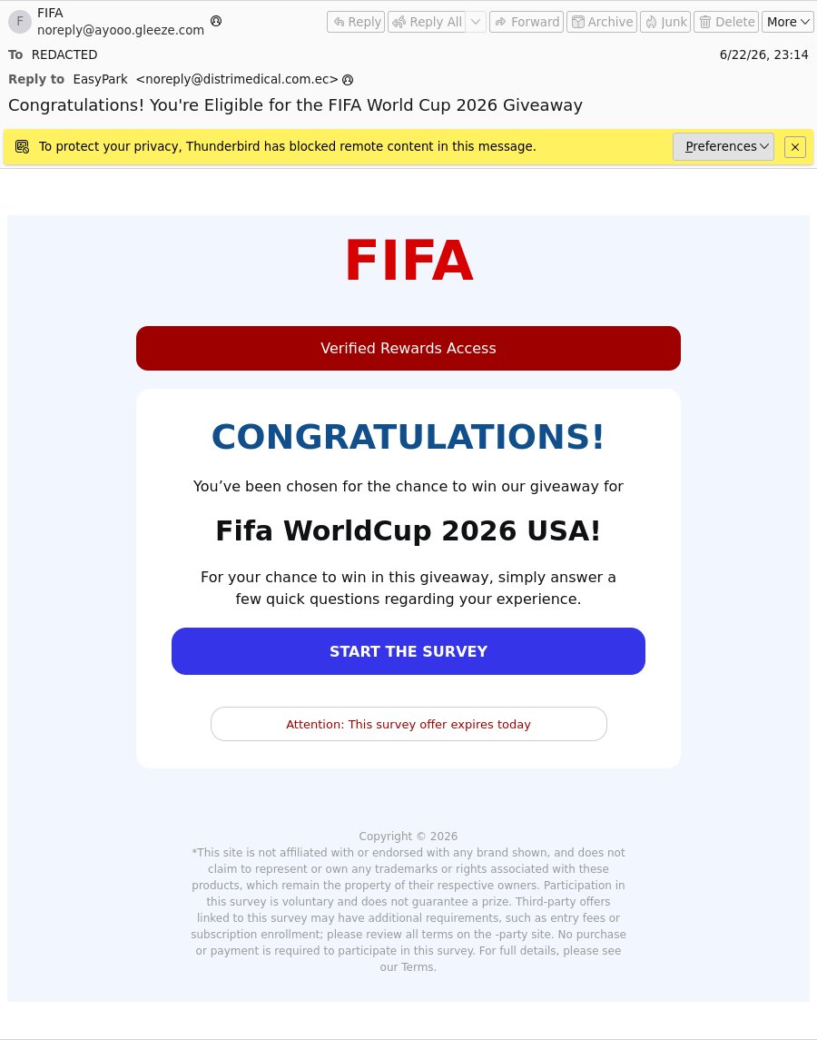 threatinsight's tweet photo. FIFA FANS ‼️ Cybercriminals are using #FIFAWorldCup excitement to steal your personal info and credit card details.

One recent #emailscam we observed used the subject line:

“Congratulations! You're Eligible for the FIFA World Cup 2026 Giveaway”

🧵1/5 https://t.co/1drY53OJmr