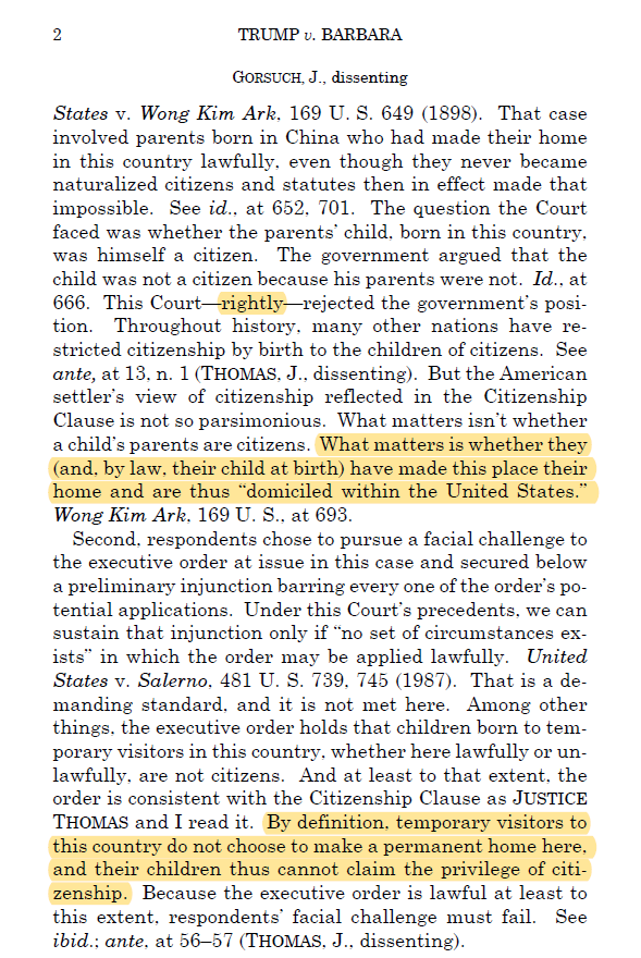 scottlincicome's tweet photo. I was disappointed to see Gorsuch dissent on birthright citizenship case, but it seems he's AOK with illegal immigrants' kids being US citizens. He's just not OK with birth tourists (intentional or accidental). https://t.co/AhSjIYc4X9