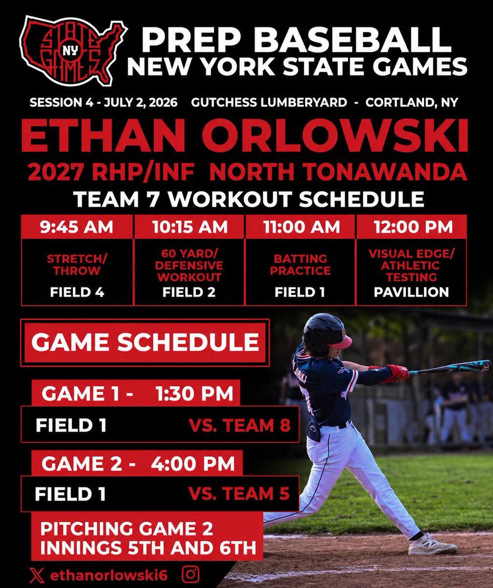 ethanorlowski6's tweet photo. I’ll be in Cortland, New York for the New York State Games Session 4 on Thursday July 2, 2026. The events could change times and locations. Schedule below!!⬇️⬇️

@PrepBaseballNY @PB_Uncommitted @JrRadomski @VikingsScoutNY @tonyruffolo49 @PB_NY_Scouts https://t.co/J7weXwM4XI