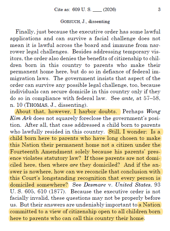 scottlincicome's tweet photo. I was disappointed to see Gorsuch dissent on birthright citizenship case, but it seems he's AOK with illegal immigrants' kids being US citizens. He's just not OK with birth tourists (intentional or accidental). https://t.co/AhSjIYc4X9