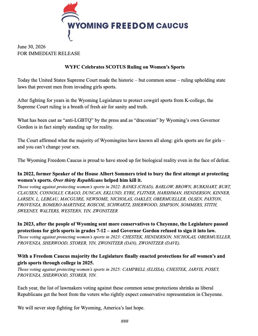 WYFreedomCaucus's tweet photo. After fighting for years to protect cowgirl sports, the Supreme Court ruling is a breath of fresh air for sanity and truth. 

What has been cast as “anti-LGBTQ” by the press and as “draconian” by Wyoming’s own Governor Gordon is in fact simply standing up for reality. https://t.co/Z4YLdfdCii