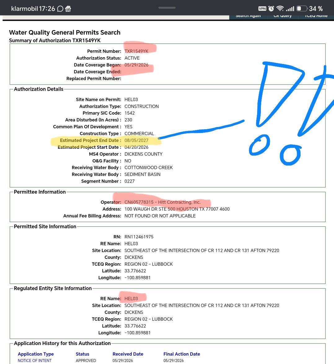 stefanvanderlux's tweet photo. $GLXY @galaxyhq #DatacenterBusiness #Helios
Let me emphasize my prev post backing it up with further facts and a rough target date when Helios Phase 3 will be finished.
- I am pretty confident to say that Galaxy really hired HITT Contruction as a second general contractor beside Clayco. As you can see HITT requested the the stormwater permit on behalf of Galaxy. HITT is probabaly one of the best GCs out there related to DC construction projects. My current assumption is that HITT and Clayco simultaniously for Galaxy. A bigger workforce leads to a faster delivery.
- On the screenshots you the estimated project end date of
08/05/2027 ‼️ This target date is in alignment with @apaquette16's statement of the latest AMA with @novogratz. Beware that this is just an estimation, still a good indicator from a timing perspective.