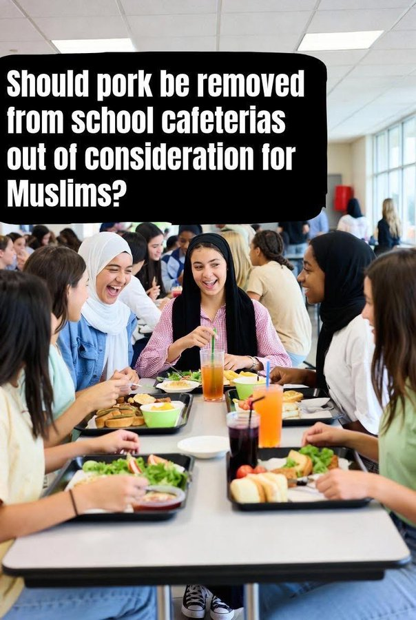 AntiWokeMemes's tweet photo. Liberals are pushing to REMOVE pork from school cafeterias to satisfy Muslims DEMANDS! 🚨

What should happen next ??

A. Serve More Pork
B. Remove The Pork https://t.co/UNmV0BeghL