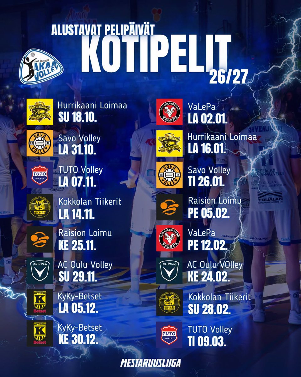 AkaaVolley's tweet photo. OTTELUOHJELMA 26/27

Alustavat pelipäivät näyttävät tältä! Muutokset, aloitusajat ja pelipaikat täydentyvät lähempänä kautta.

@AkaaVolley @mestaruusliiga #akaa #lentopallo #volleyball https://t.co/ev9RaRH3LA