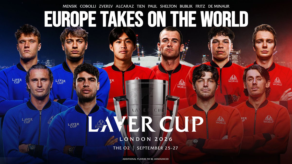 TicketmasterUK's tweet photo. Experience tennis like never before as the Laver Cup returns to The O2 in London, September 25–27, 2026. Watch Team Europe and Team World go head-to-head on the iconic black court, with stars including Carlos Alcaraz, Alexander Zverev, Ben Shelton, Taylor Fritz and more in three days of world-class team competition. 🎾

🎟️ Tickets on sale now > > https://t.co/PTbECMvokm