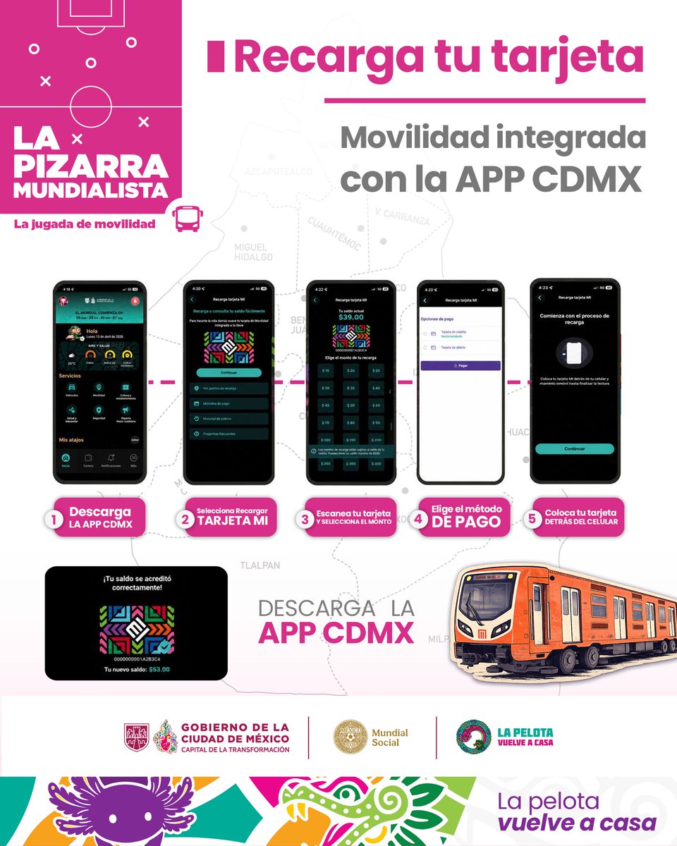 LaSEMOVI's tweet photo. Que no te falte nada rumbo al Estadio Ciudad de México. 🏟️⚽️
Recarga o consulta el saldo de tu Tarjeta de Movilidad Integrada con la #AppCDMX. 📲💅🏻
Evita contratiempos. 😉 https://t.co/qb0ZDpWpiw