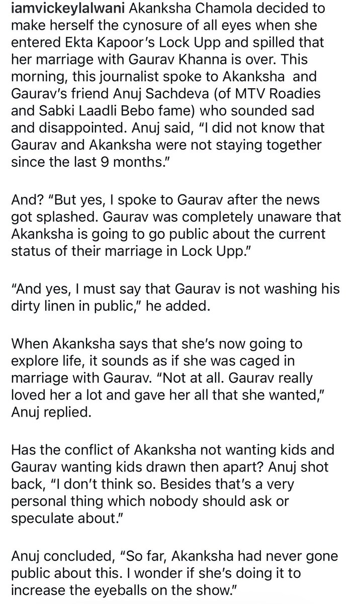 _whatsinaname7's tweet photo. Anuj Sachdeva who is #GauravKhanna and Akanksha’s friend just shared this in an interview. 

According to him Gaurav had no idea that Akanksha was going to even share about their relation on the show. 

Man… Akanksha… didn’t know you were so hungry for fame. https://t.co/KsxKZnaTDO