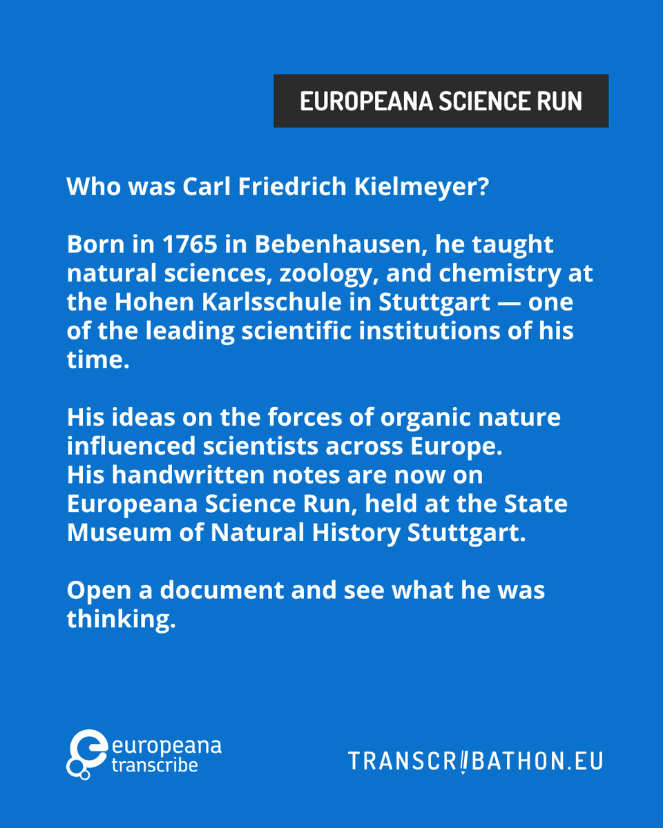 transcribathon's tweet photo. Europeana Science Run: who was Carl Friedrich Kielmeyer? A naturalist, chemist, and teacher whose handwritten notes are now available to explore. 👉 https://t.co/ajNsISHVfG

#HistoryOfScience #CitizenScience #OpenScience #DigitalHumanities #HandwrittenHistory https://t.co/vyVcBqMxbp