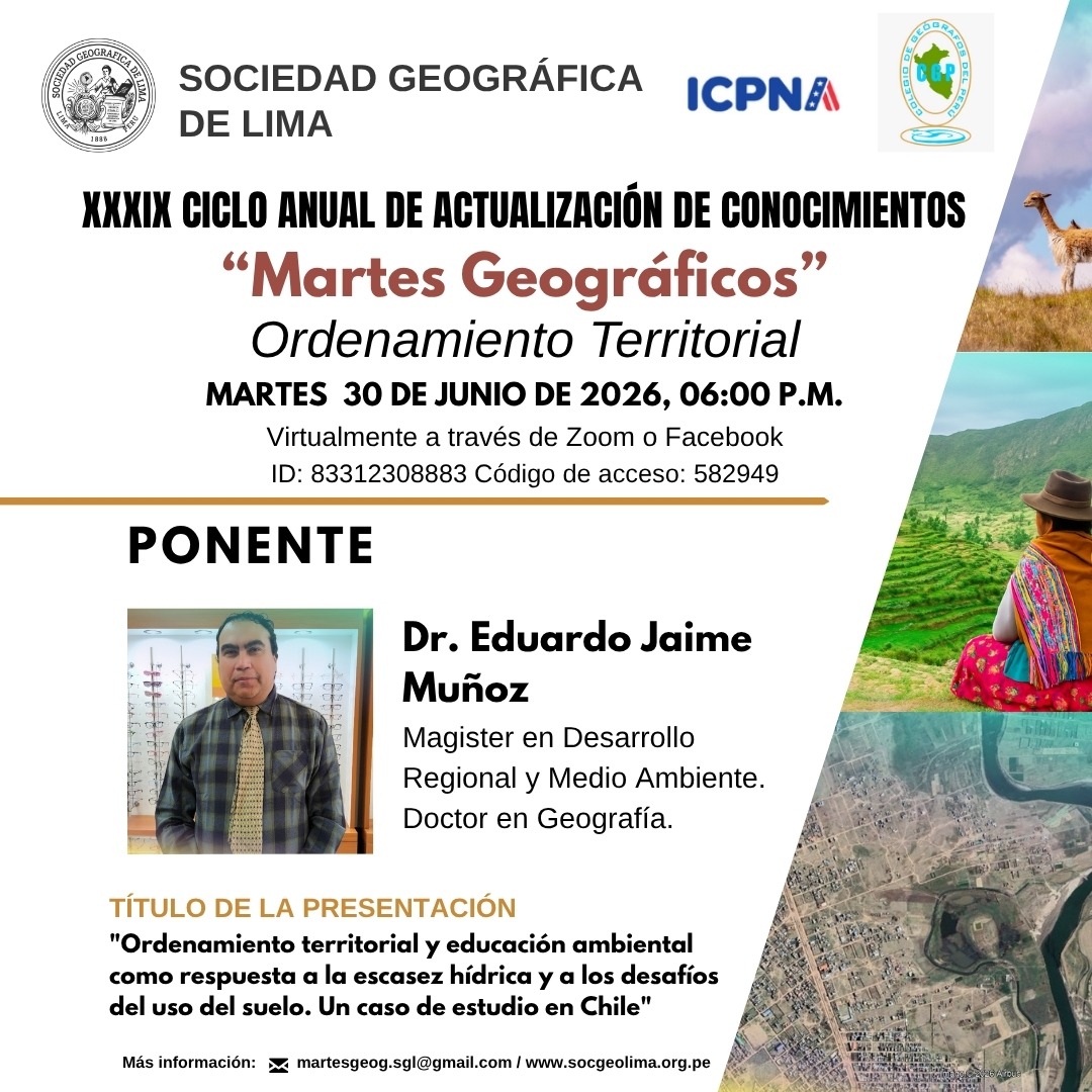 cgp_pe's tweet photo. 𝗠𝗮𝗿𝘁𝗲𝘀 𝗚𝗲𝗼𝗴𝗿𝗮́𝗳𝗶𝗰𝗼𝘀🌎
📆Fecha: martes, 30 de junio
⏰Hora: 06:00 pm - 08:00pm 
🌐Modalidad: virtual
✅Formulario de inscripción: https://t.co/USFZw0YbKP
📍Transmisión vía Facebook Live y Zoom de la Sociedad Geográfica de Lima https://t.co/eCma7lgBp9