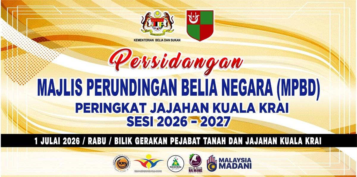 Pbsdkualakrai's tweet photo. Persidangan Majlis Perundingan Belia Negara (MPBN) Peringkat Jajahan Kuala Krai Sesi 2026–2027 

📅 1 Julai 2026 (Rabu)

Persidangan ini menjadi platform bagi memperkukuh jaringan kerjasama serta membincangkan hala tuju pembangunan belia di peringkat jajahan. https://t.co/cpbYwsXFil