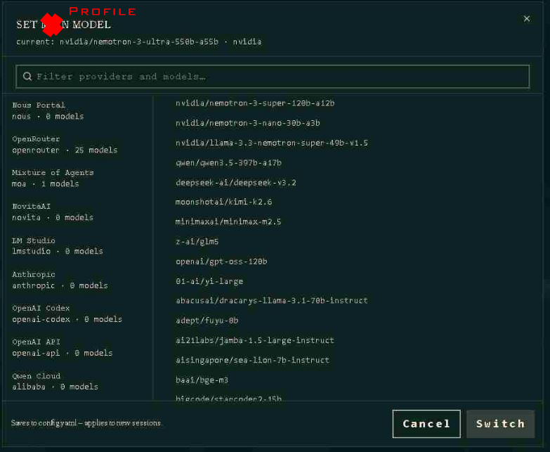 thervconsortium's tweet photo. Hi @Teknium &amp; @NousResearch, is it possible to get the model picker for Profiles to be the same interface type as the primary model picker? https://t.co/Qk9Jzzs3OM