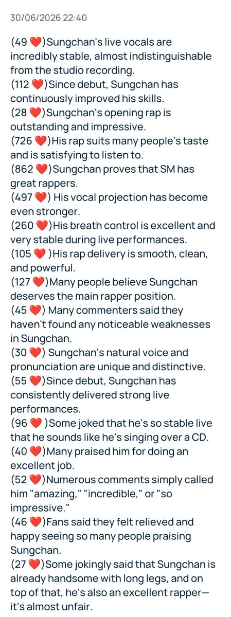 adoringsyong's tweet photo. the comment section is filled with praise for sungchan's live rap and vocals. people are calling him incredibly stable, saying he sounds just like the studio version, and applauding how much he's improved since debut 🥹 https://t.co/ad90D3q7D3