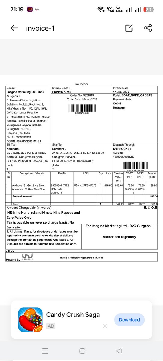 N_jha5's tweet photo. Never expected a reputed brand like @RockWithboAt to deliver such a disappointing experience—used-looking replacement, no support option, no contact number, and no way to request another replacement.

Attached both invoice here.

3/3 https://t.co/Togy8svpFq