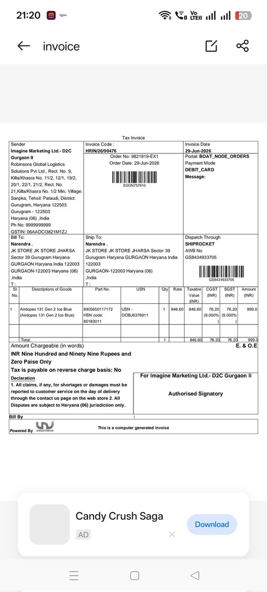 N_jha5's tweet photo. Never expected a reputed brand like @RockWithboAt to deliver such a disappointing experience—used-looking replacement, no support option, no contact number, and no way to request another replacement.

Attached both invoice here.

3/3 https://t.co/Togy8svpFq