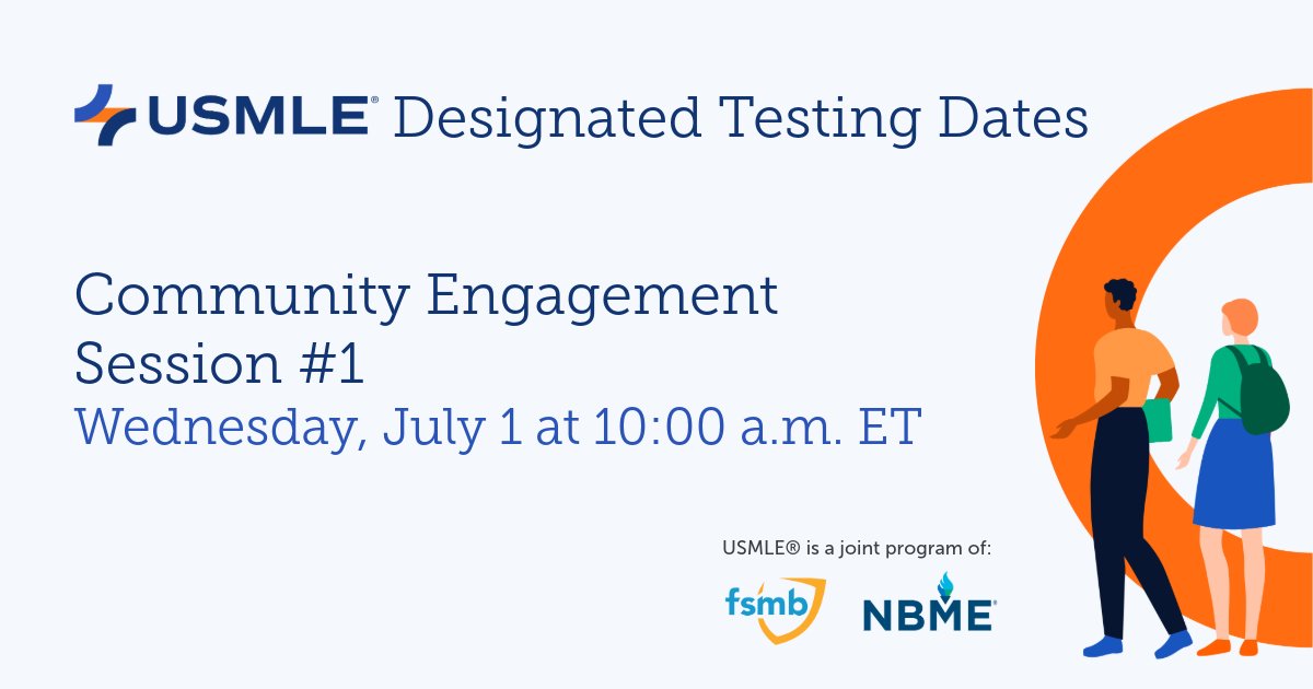 TheUSMLE's tweet photo. 🔔 The first Community Engagement Session on the transition to Designated Testing Dates is tomorrow at 10:00 a.m. ET. These virtual sessions are available for anyone to attend and are an opportunity to ask questions of USMLE staff. https://t.co/emH7WKjXvH #USMLE https://t.co/HLVq40ijBD