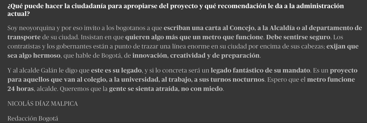 JD_Quinteror's tweet photo. Los 23 km bajo el Metro pueden convertirse en el parque lineal más importante de Bogotá: luz, cafés, canchas, arte urbano, jardines y vida.

Pero si no actuamos YA, pueden terminar siendo el orinal más grande de la ciudad.

Dejemos la soberbia, @CarlosFGalan, y sentémonos a construir un plan integral, una verdadera política de ciudad para este espacio. Desde el @concejodebogota estamos listos. Ha sido imposible conseguir una cita con usted o avanzar con su equipo para hablar de este tema.

Hoy, Leni Schwendinger, una de las mayores autoridades mundiales en iluminación urbana, lo dice en @ELTIEMPO: “Alcalde @CarlosFGalan, este puede ser su legado”.
