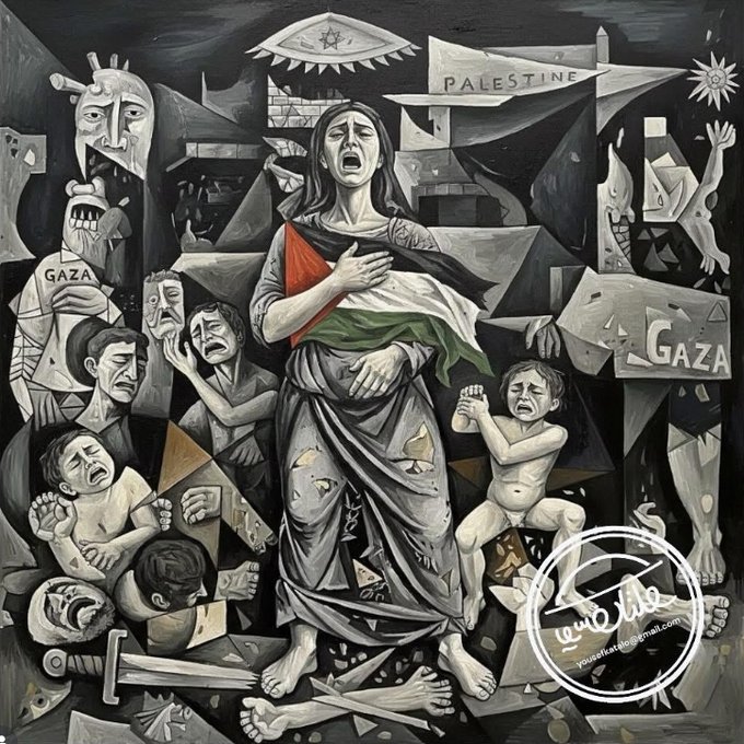 Boudicca61AD's tweet photo. Artwork by Palestinian artist Katalo Yousef. Inspired by Pablo Picasso "Guernica" https://t.co/ZVNSHc1YGp