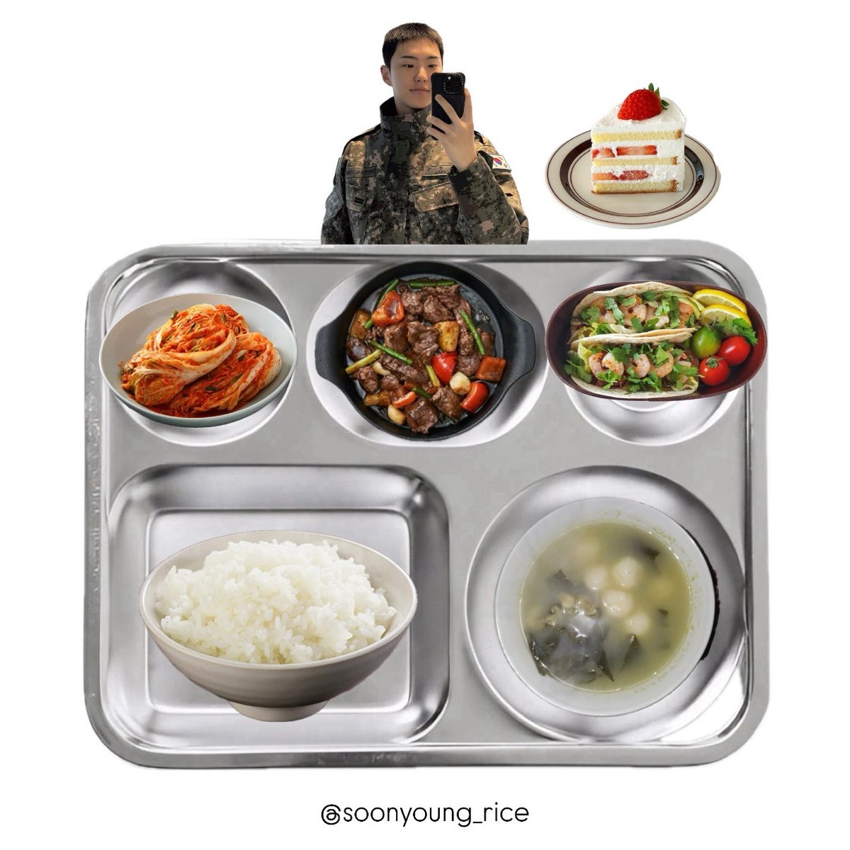 soonyoung_rice's tweet photo. 260701 (수) 중식 🐯

쌀밥
옹심이미역국
하와이안찹스테이크
조각케익
새우타코
배추김치

#권순영의식판 #호시 #HOSHI #권순영 #세븐틴 https://t.co/FhMGC6xF8U