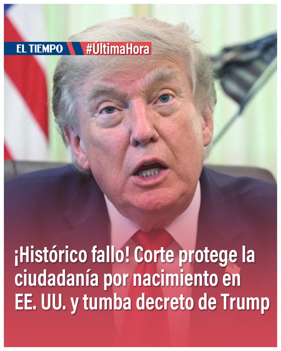 ELTIEMPO's tweet photo. 🔴#ATENCIÓN 🇺🇸La Corte Suprema de Estados Unidos dio un revés a la restrictiva política migratoria del gobierno de Donald Trump. 

El máximo órgano judicial confirmó que la ciudadanía por nacimiento se aplica a todas las personas nacidas en el país incluso si sus padres se encuentran allí de manera irregular o temporal.

Detalles aquí ⬇️
https://t.co/xSPyOTaj9K