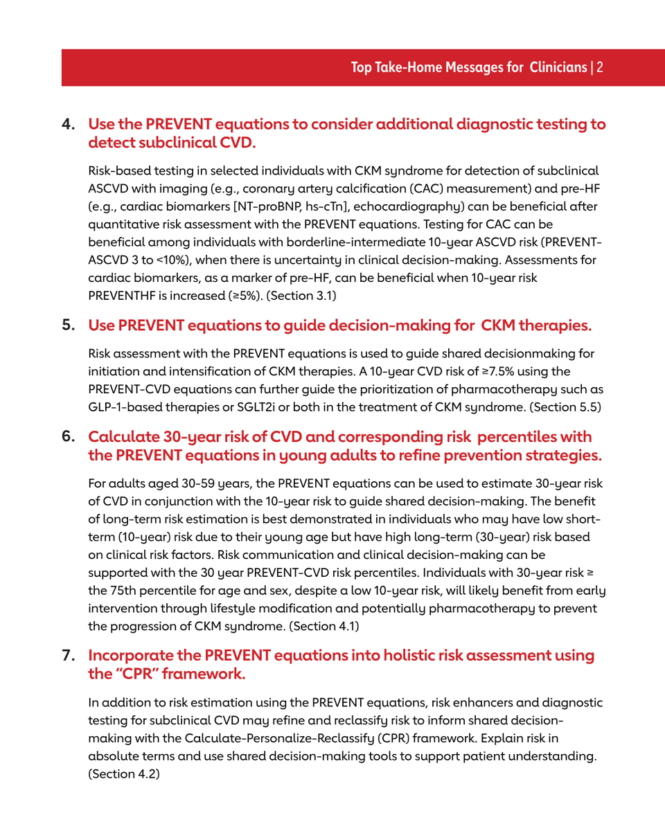 AHAScience's tweet photo. CKM Syndrome and PREVENT: Top Things to Know

The 2026 Guideline on the Management of CKM Syndrome was recently published.

Individuals at risk for cardiovascular disease (CKM syndrome stage 0-3) should have their risk quantified with the PREVENT (Predicting Risk of cardiovascular disease EVENTs) equations to estimate 10- and 30-year risk for atherosclerotic cardiovascular disease, heart failure, and total CVD.

PREVENT estimates inform CKM syndrome staging, with ≥20% predicted 10-year CVD risk serving as one criterion for CKM syn­drome Stage 3. A ≥7.5% predicted 10-year CVD risk further informs the prioritization of pharmacotherapies