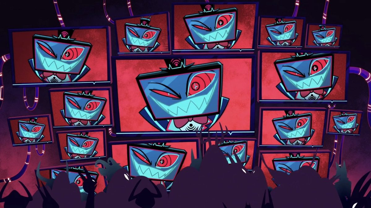 voxvangogh's tweet photo. sometimes i do wish they’d leaned more into the whole ‘mastermind pulling the strings from behind his screens’ aspect of vox. always watching. getting hypnotised sinners to do his dirty work for him. the untouchable centre of this mass entertainment cult. https://t.co/vMTCPJ4DSF