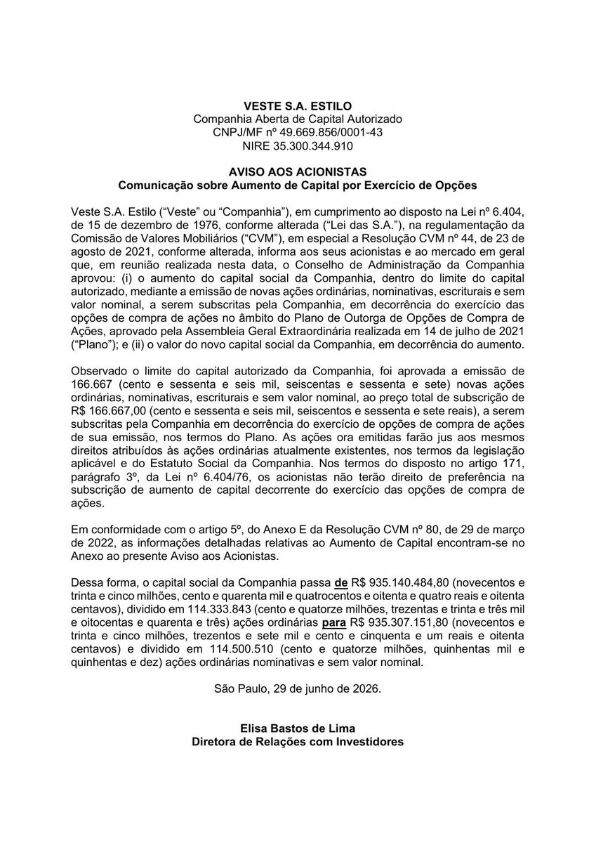 AvisosDaBolsa's tweet photo. VESTE S.A. ESTILO - Comunicação sobre Aumento de Capital por Exercício de Opções #VSTE3 https://t.co/BrPLTp5VTl