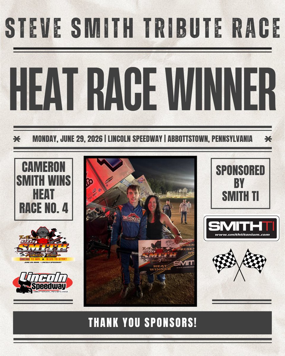 lincolnspeedway's tweet photo. 𝐒𝐭𝐞𝐯𝐞 𝐒𝐦𝐢𝐭𝐡 𝐑𝐚𝐜𝐞 𝐂𝐨𝐧𝐭𝐢𝐧𝐠𝐞𝐧𝐜𝐲 𝐀𝐰𝐚𝐫𝐝𝐬
Each heat winner was presented with a Smith Titanium Complete Front Axle Assembly by Niki Siegel 
Heat race winners:
@cdietz2d
James McFadden
@BradyBacon 
@cameron6942 https://t.co/t1ZDrhjaNC