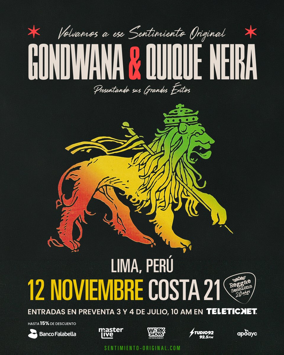 WorkShowsPE's tweet photo. Gondwana &amp; Quique Neira - Volvamos a ese Sentimiento Original se reunen después de 23 años en Lima este 12 de noviembre en Costa 21.

🎫 Entradas en Teleticket
👉🏼 Preventa Banco Falabella: 3 y 4 de julio o hasta agotar stock
📻 Radio Oficial: Studio 92 https://t.co/HGlYDnsD0N