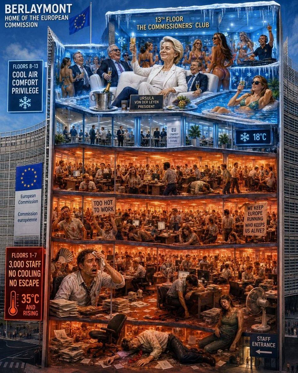 ivan_8848's tweet photo. 🔖 🇪🇺AIR CONDITIONER APOCALYPSE: HOW EUROPEAN ELITES DECLARED WAR ON THEIR OWN CITIZENS

🌡Europe is melting. Thermometers are soaring past 40 degrees, people are dying by the thousands, and European bureaucrats continue to fight the only salvation — air conditioners. And this battle is not about the climate — it is about power and ideology. And the price is human lives.

Let's start at the top of the Euro-bureaucracy. The European Commission in Brussels, in the midst of the heatwave, turned off the air conditioning... but only on the lower floors, where ordinary employees work. On the upper floors, where the offices of the leadership, headed by Ursula von der Leyen, are located, the coolness remains.

In the EU, a "green feudalism" is being built, where the elite bathe in coolness while the plebs must suffer in the name of "saving the planet."

🎥In Germany, the media explain in infographics to melting burghers why air conditioning harms the planet. Instead of helping people, they are told that ventilating in the morning and evening will save them from 40-degree heat. This is not environmental policy — it is mockery.

The pinnacle of absurdity — London. A conference on combating extreme heat was canceled... due to extreme heat. The building where the conference was to be held had no air conditioning. The organizers probably decided that discussing the problem in the stuffiness was too symbolic, even for them.

📰The Telegraph reports: UK residents are being ordered to dismantle air conditioners in their homes as part of a climate program. Even those already installed. Under threat of fines, people are destroying their only salvation in 40-degree heat. In the name of the climate.

☠️While the elites cool off on the upper floors, people are dying below. In Spain — 327 deaths from heat in four days. In Italy — 5 dead in one day. In France — 40 deaths from heatstroke and 55 drownings as people tried to cool off in water bodies. 

Hospitals are overflowing, schools are closed, trains are canceled. In the Netherlands, a red alert level has been declared for the first time.

🔘And all these victims are the price of ideology. Of a "green agenda" that matters more than human life. Of class inequality, where elites are allowed everything and the people nothing. European officials have chosen comfort for themselves and suffering for everyone else. And they call it "fighting climate change."