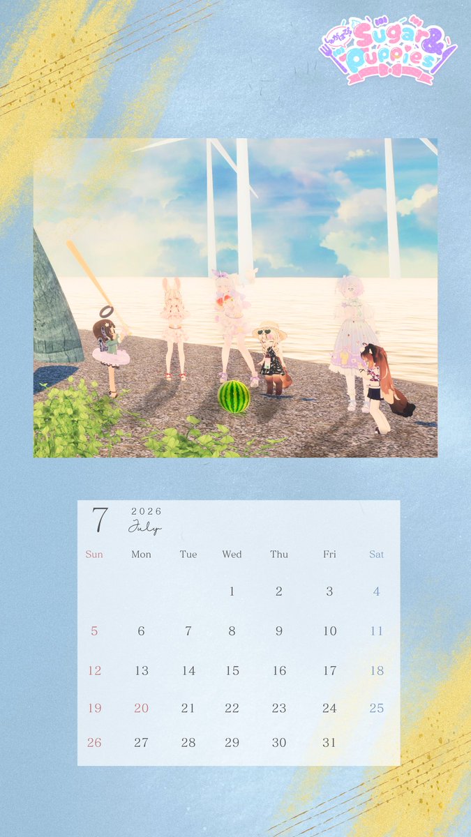 shugapapi_vr's tweet photo. 【🌟カレンダー🌟】
パティシエさんたちにしゅがぱぴから7月分のカレンダーをプレゼント🏝️
よければスマホやPC等の壁紙に使ってくださいね✨
＃しゅがぱぴ　＃しゅがぱぴカレンダー https://t.co/P8jCM8tBjL