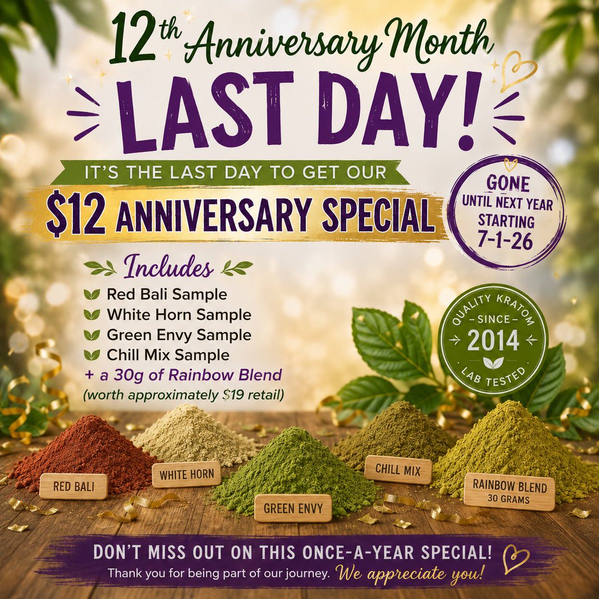 TauntonKratom's tweet photo. Last day to grab our $12 Anniversary Special - a sample pack bundle that includes this year’s customer favorites!
https://t.co/oGXfObEOi6 or 207-422-2895
#Kratom #AnniversaryMonth #KratomSamples #KratomPowder #SmallBusiness #KeepKratomLegal https://t.co/QXhMPLXAh8