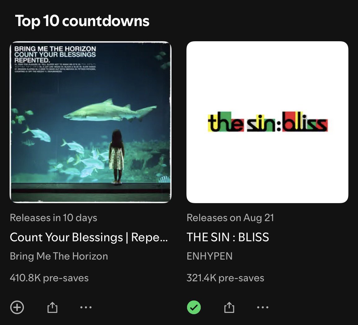 AsiaEnhypen's tweet photo. INFO | 260701

THE SIN : BLISS is currently at #8 on Spotify’s Upcoming Releases Top 10 chart. 

Let’s keep the momentum going and reach 500,000 pre-saves as soon as possible, ENGENES! 

Please don't forget to pre-save on Spotify!
📍https://t.co/pVrQjBfUf5

PRE SAVE THE SIN: BLISS
#PRESAVE_THE_SIN_BLISS
#THE_SIN_BLISS #ENHYPEN11thComeback
@ENHYPEN_members @ENHYPEN