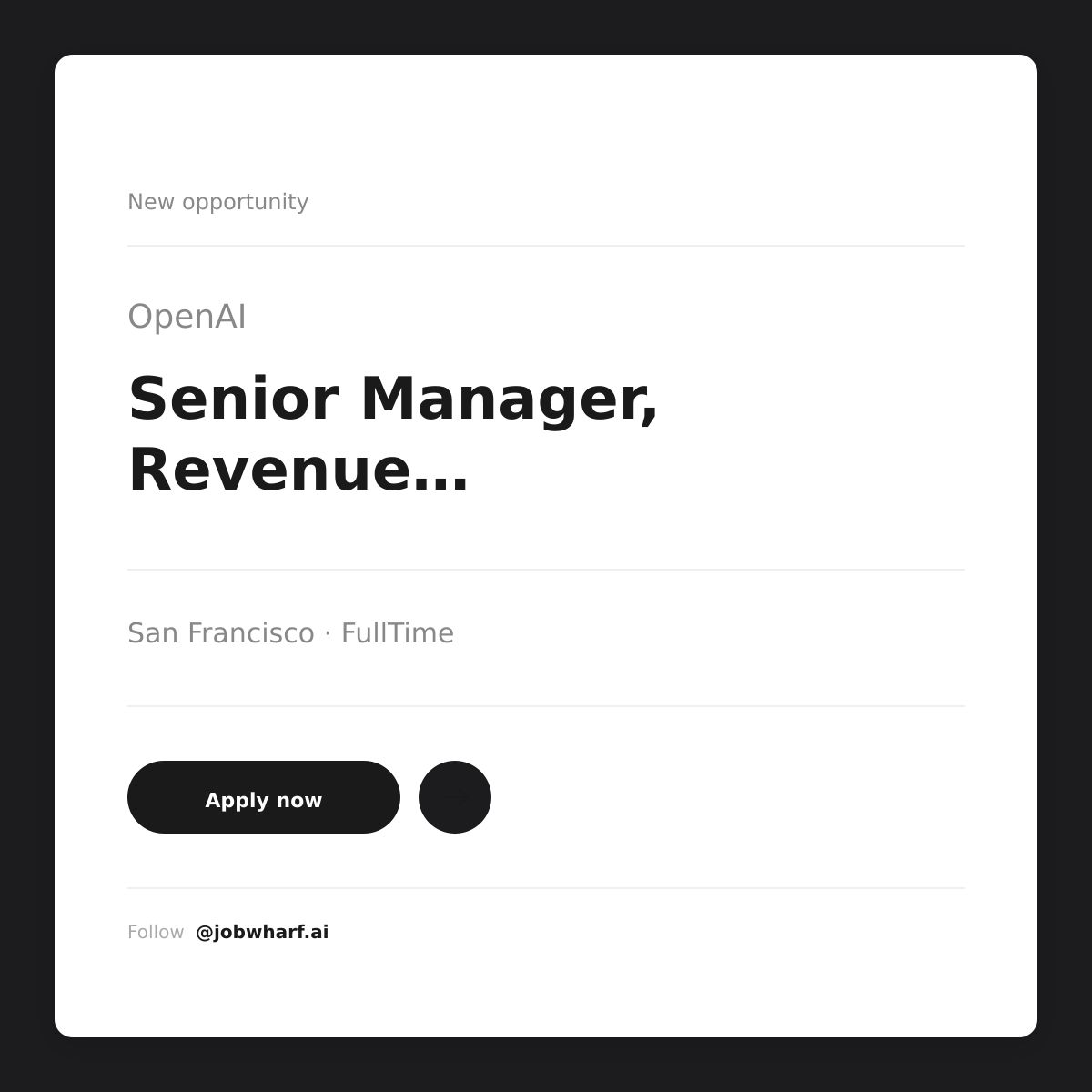 jobwharf's tweet photo. Hiring now: Senior Manager, Revenue Enablement
Apply β https://t.co/d5w1ECFVIi
OpenAI
π San Francisco
π° Salary negotiable
#seniormanager #openaijobs #hiring #jobsearch #financejobs https://t.co/GPiF8pEXr0