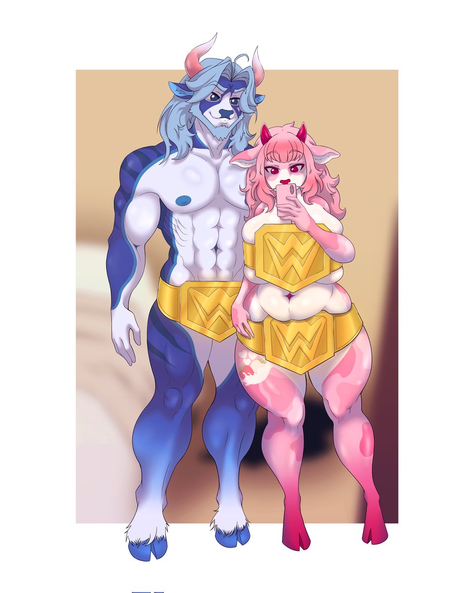 BeefcakeMooBabe's tweet photo. I told everyone where the greatest champion furry couple out there, and we have the gold belts to prove it, this piece was inspired by @wwerollins, @beckylynchwwe and @cmpunk poses with their belts, and this piece was made by the incredible @clustro04 #furrycommunity #furry https://t.co/3HYjZfaeF0